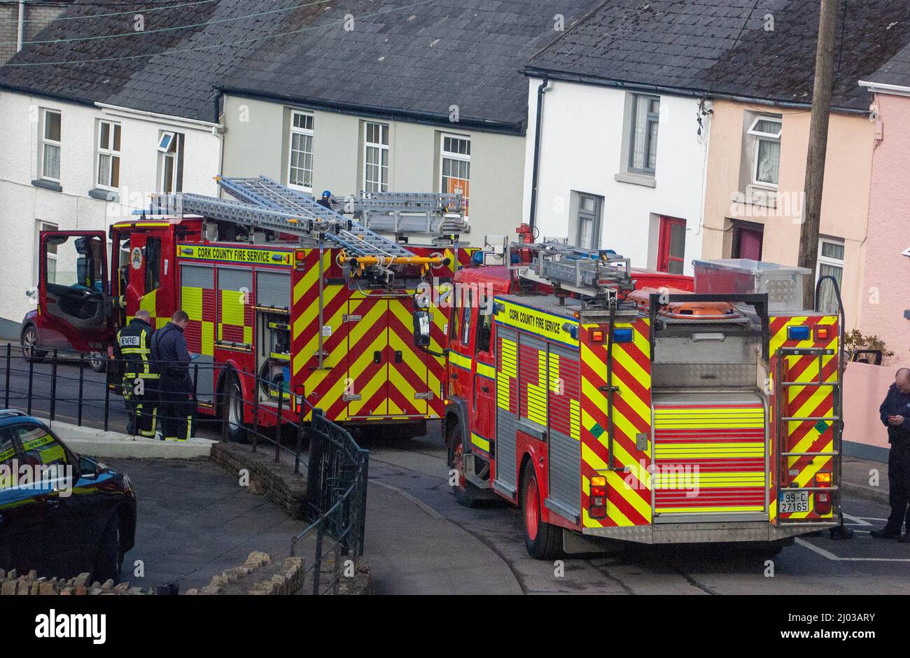 Bantry, West Cork, Ireland, Wednesday 16 Mar, 2022; County Cork's fire crews are struggling to gain full-time jobs. The crews, who, unlike full-time fire crews respond to emergency calls when their pager goes off. Some employers are sceptical of leaving staff go to respond to these calls as it may lead to shortages in their businesses. Cork County Cllr Joe Carroll raised the issue after speaking to a West Cork firefighter. Part time firefighters are also  finding it hard to get car insurance as they have to drive Their own cars to the station when responding to a call Credit ED/Alamy Live News Stock Photo