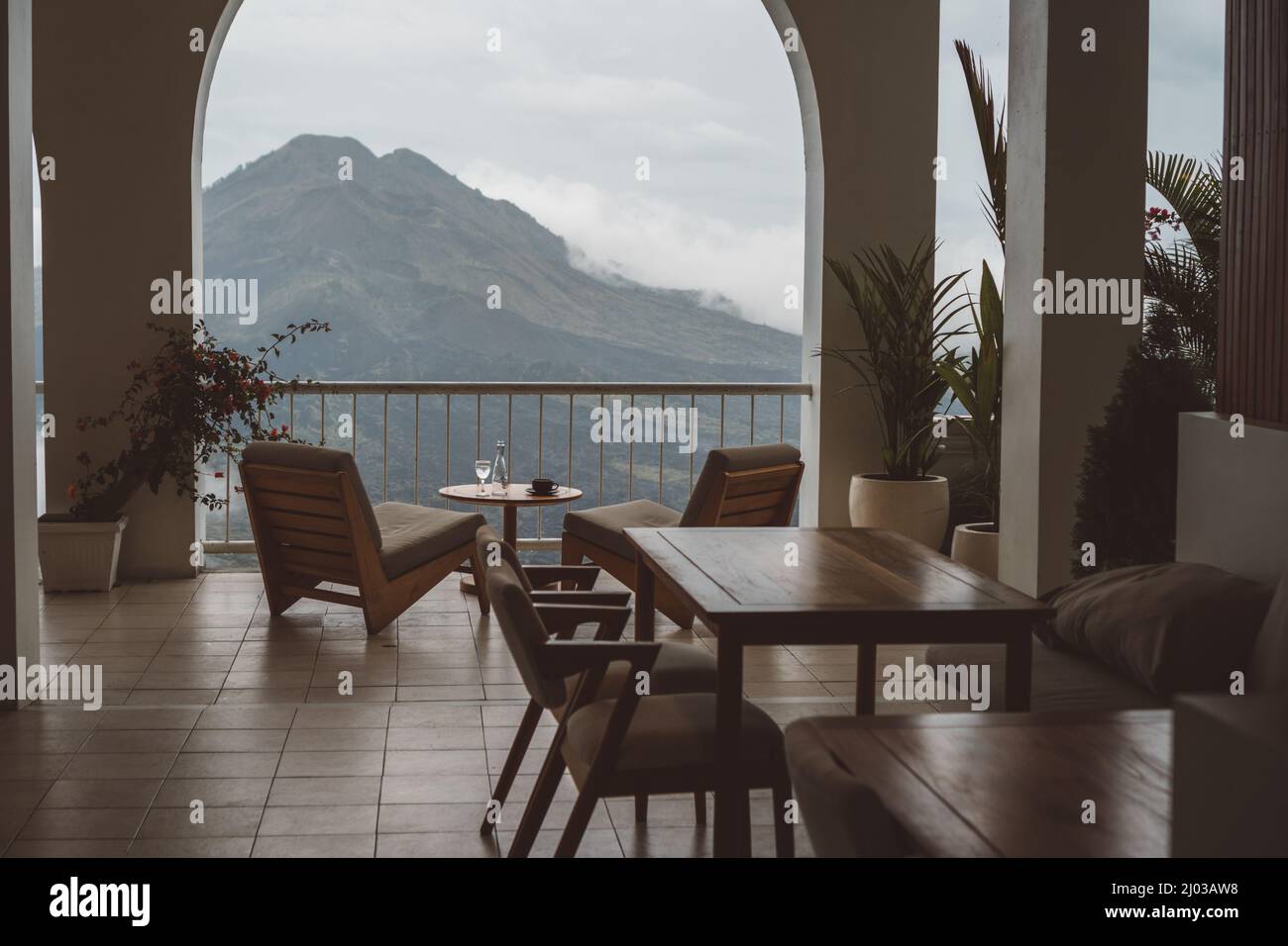 Bali Kintamani cafe interior, cafe with Mount Batur view. Bali interior