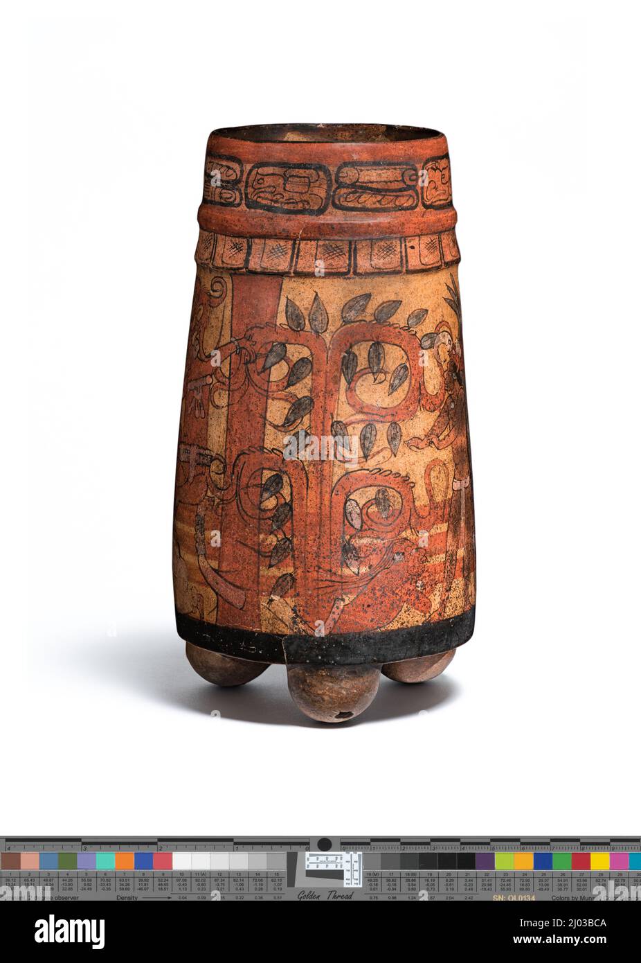 Tripod Vessel with Supernatural Palace Scene and Cacao Tree. Guatemala, Peten, Motul de San José or vicinity, Maya, 750–850 CE. Ceramics. Slip-painted ceramic Stock Photo