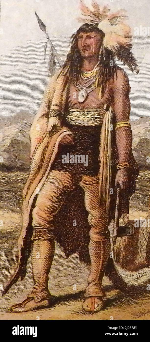 Native Americans. - An 1890's depiction of a north American Iroquoi warrior (either a member of any of the  Cayuga, Cherokee, Huron, Mohawk, Oneida, Onondaga, Seneca, and Tuscarora tribes, speaking the same language. Stock Photo