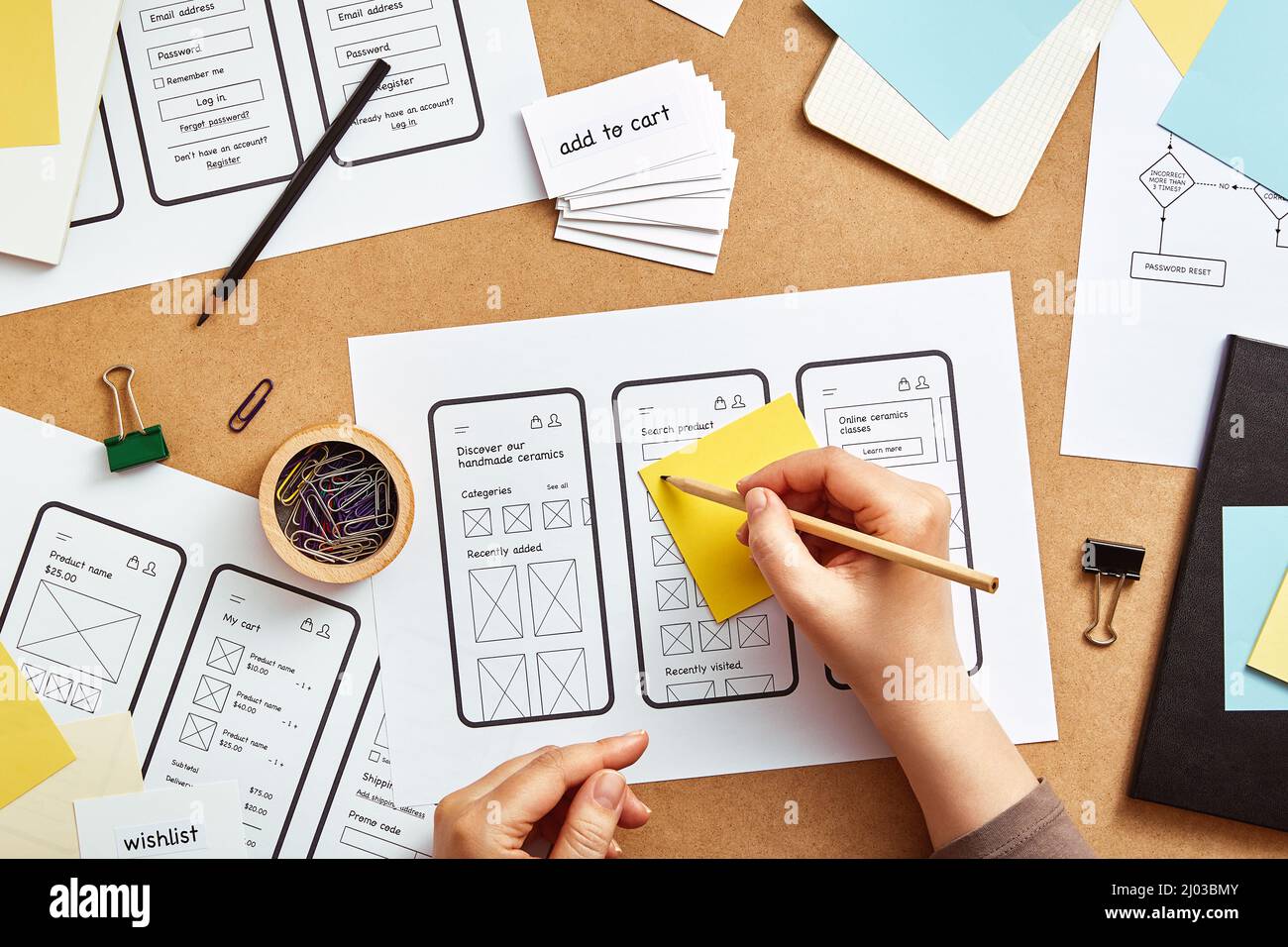 Web UX designer working on mobile responsive website. Top view image of numerous app wireframe sketches and user flow over product designer desk. Stock Photo