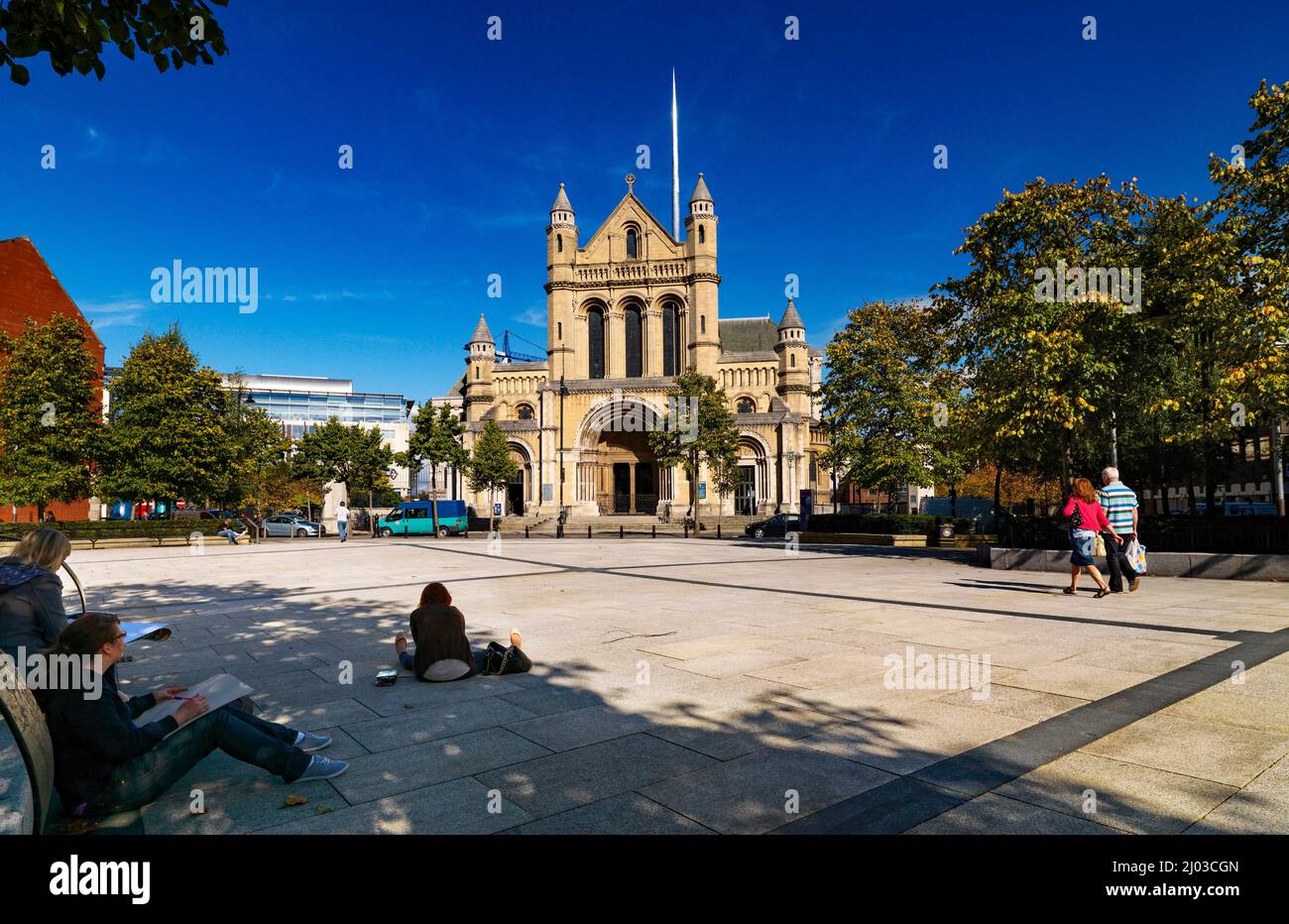St Annes Cathedral and the Spire of Hope, Belfast, Northern Ireland from Writers Square Stock Photo