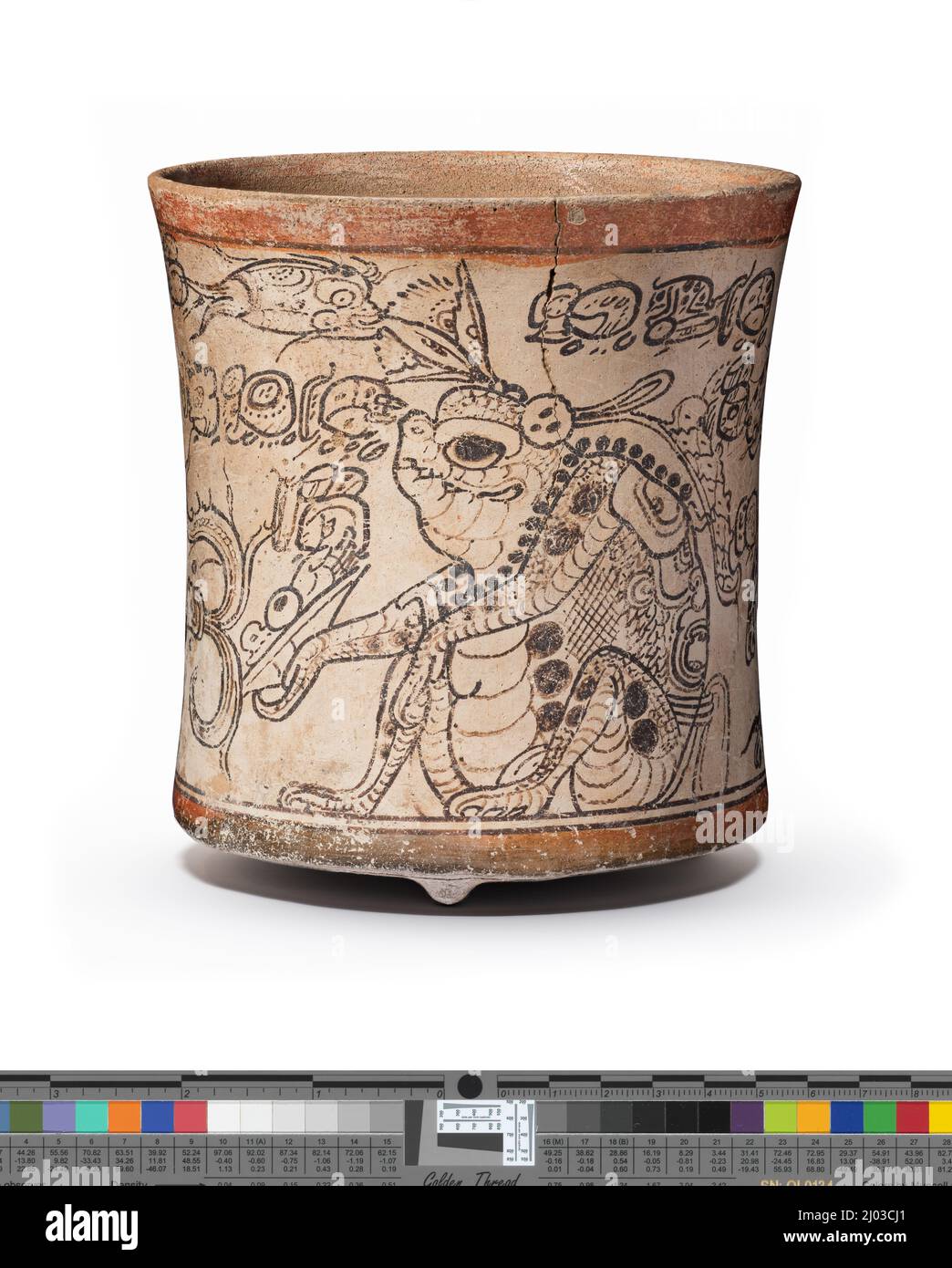 Drinking Vessel Depicting Otherworldly Toad, Jaguar, and Serpent. Mexico, Southern Campeche, Maya, 650–800 CE. Ceramics. Slip-painted ceramic Stock Photo