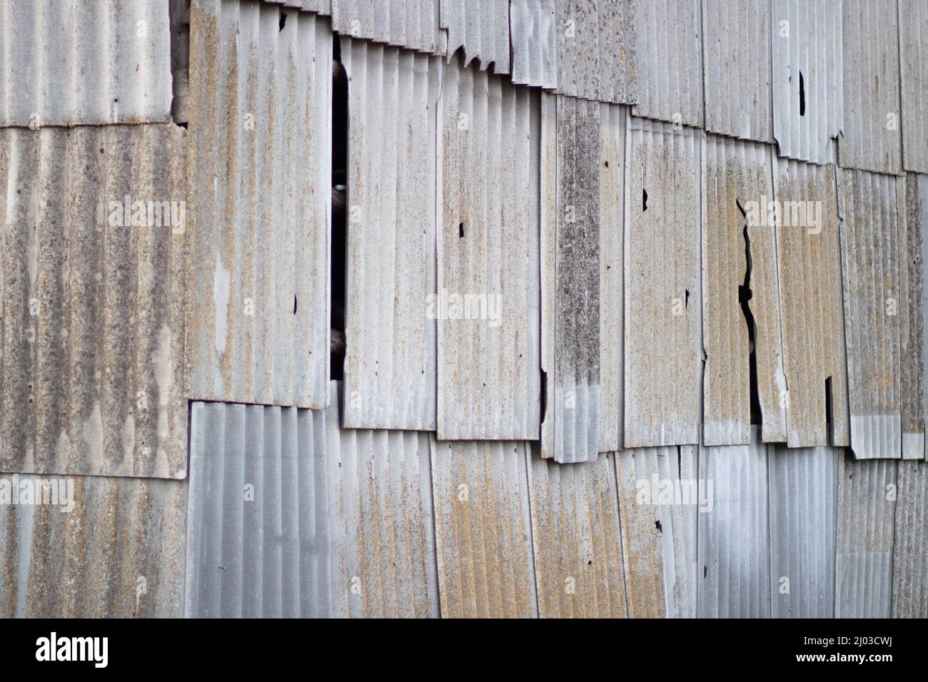 The facade of the shed is made of rusty slate. Sheets of old slate Stock Photo