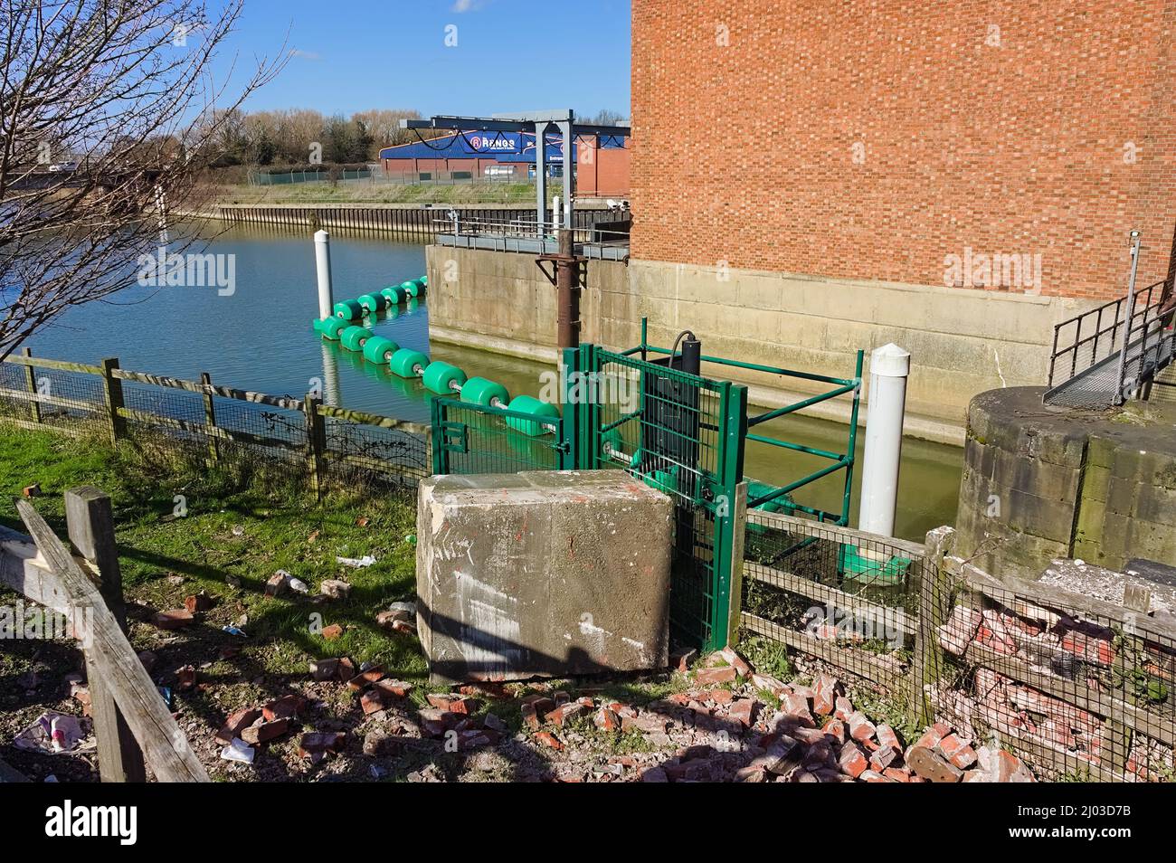 A heavy concrete end pillar broken from the accident damaged bridge by the pumping station on London Rd. Boston Stock Photo