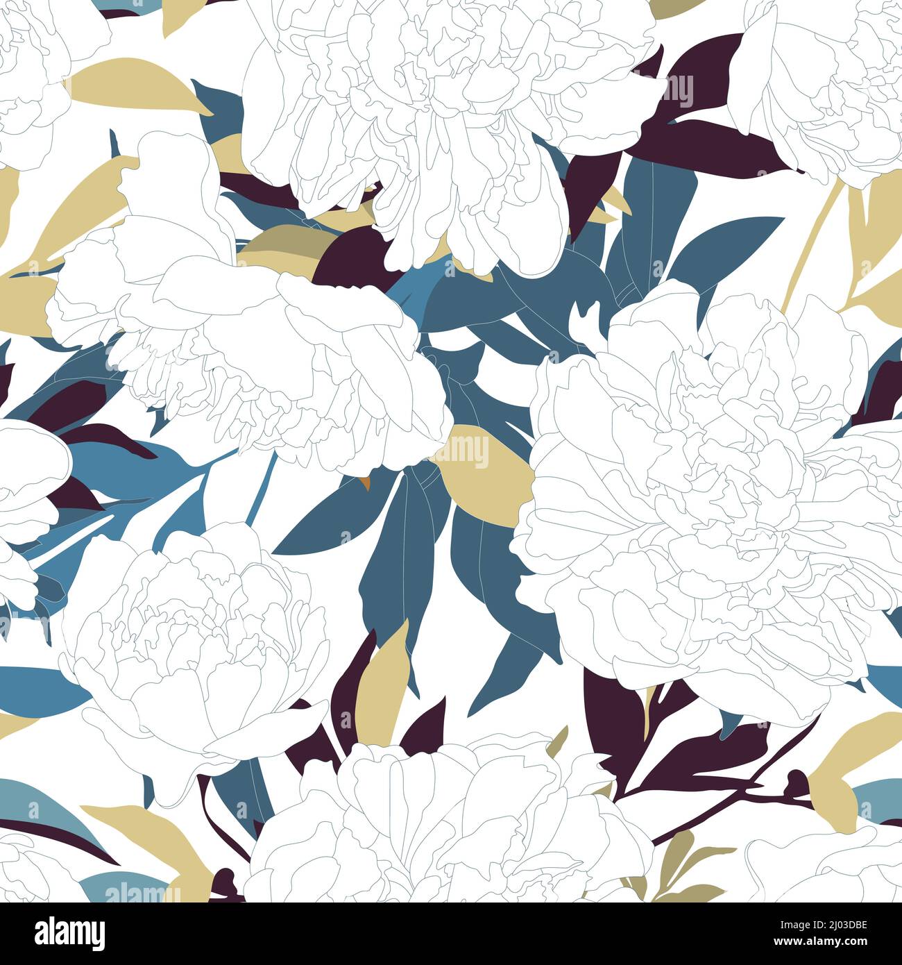 Vector floral seamless pattern with peonies. White peonies, blue and ...