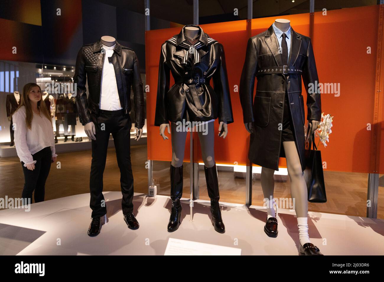 V&A Exhibition Fashioning Masculinities:The Art of Menswear, 'Hell for Leather' Hedi Slimane for Dior, Donatella Versace for Versace, John Galliano. Stock Photo