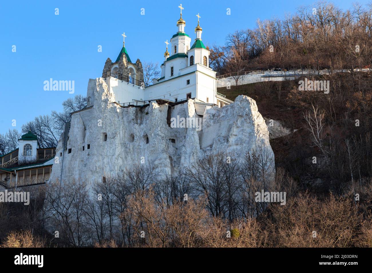 SVYATOGORSK, UKRAINE - OCTOBER 30, 2021: This is the St. Nicholas Church and the chapel of St. Andrew Svyatogorsk Lavra on the top of a chalk mountain Stock Photo