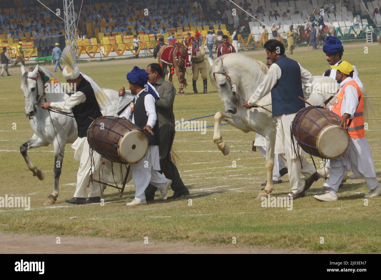 Lahore, Punjab, Pakistan. 12th Mar, 2022. Pakistani participants take a part of National Horse and Cattle show in Fortress stadium organized by Punjab government in Lahore. (Credit Image: © Rana Sajid Hussain/Pacific Press via ZUMA Press Wire) Stock Photo
