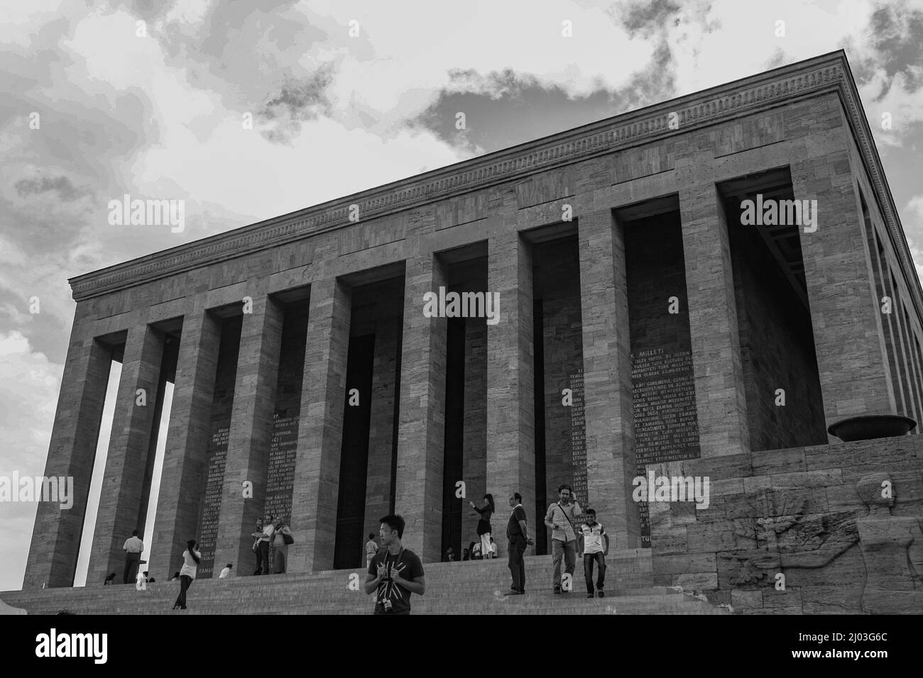 Grayscale low angle shot of the Anitkabir mausoleum of Mustafa Kemal Ataturk in Ankara, Turkey Stock Photo