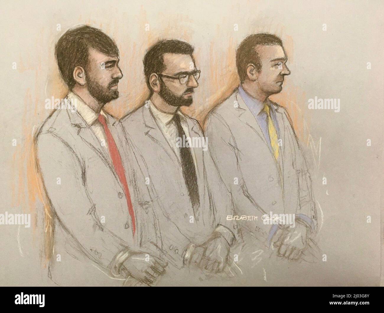 Court artist sketch by Elizabeth Cook of (left to right) serving Metropolitan police officers Pc William Neville, and Jonathon Cobban, along with former police officer Joel Borders appearing in the dock at Westminster Magistrates' Court, in London, charged with sharing 'grossly offensive' WhatsApp messages with Sarah Everard murderer Wayne Couzens. Picture date: Wednesday March 16, 2022. Stock Photo