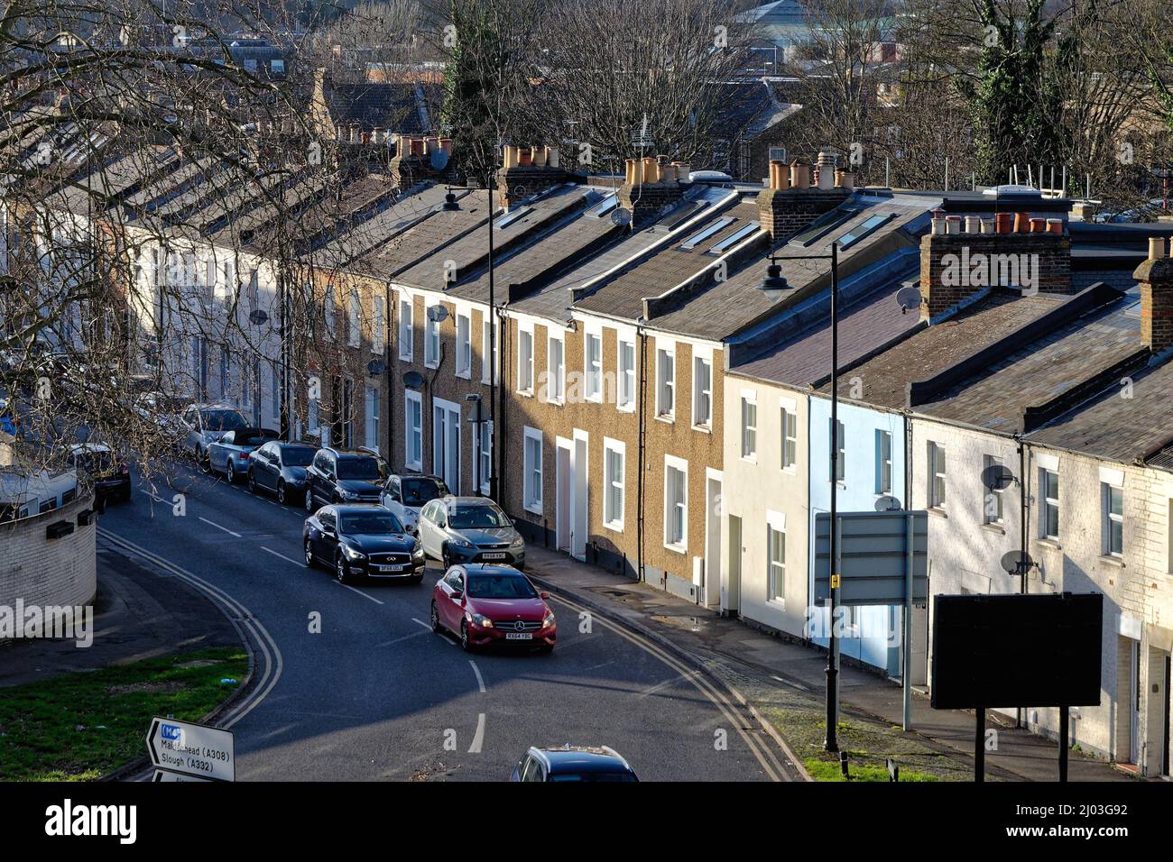 Elevated view of old terraced houses on Arthur Road in Windsor town centre, Berkshire England UK Stock Photo
