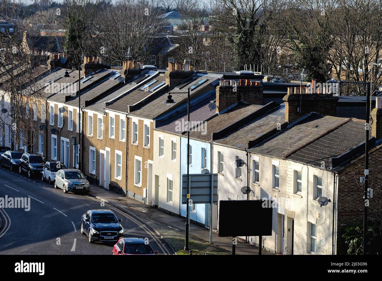 Elevated view of old terraced houses on Arthur Road in Windsor town centre, Berkshire England UK Stock Photo