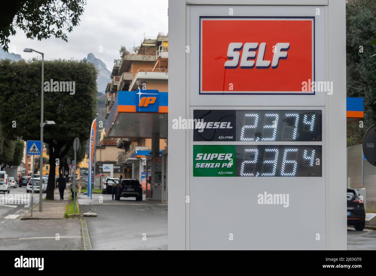 Carrara, Italy March 14, 2022 IP petrol station with diesel and petrol prices over 2 euros