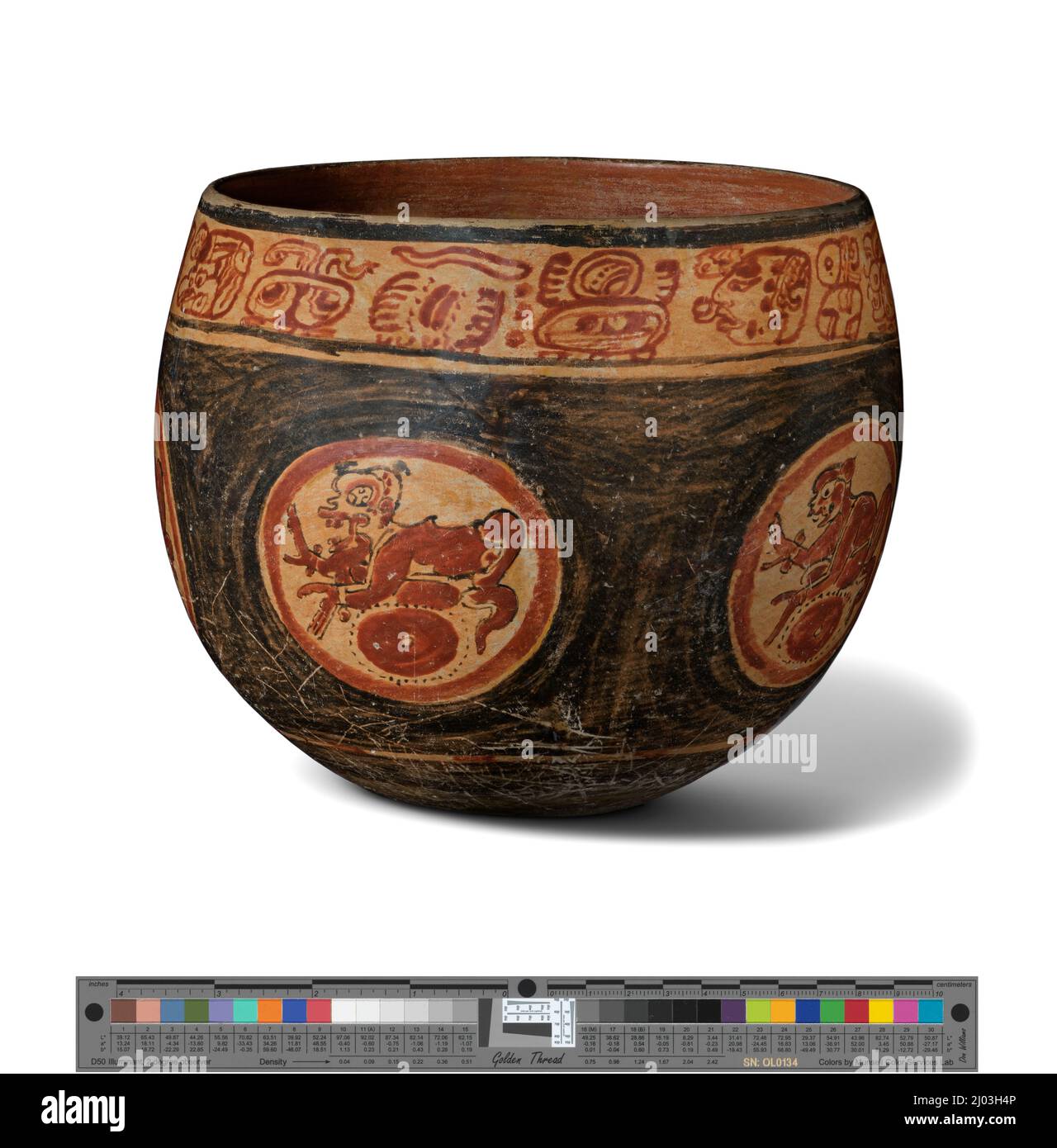Globular Bowl with Cartouches. Guatemala, Petén, Naranjo or vicinity, Maya, late 6th century CE. Ceramics. Slip-painted ceramic Stock Photo