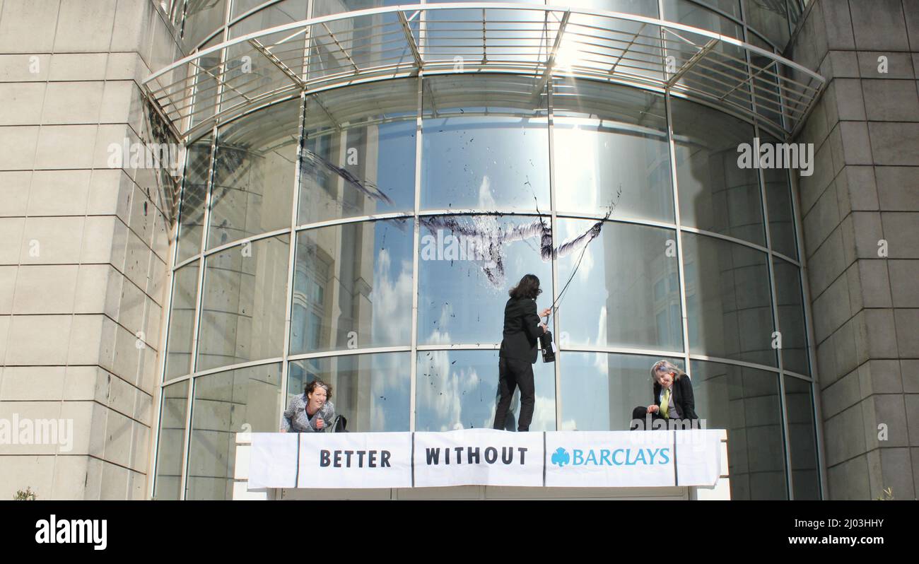 Extinction Rebellion Barclaycard HQ protest -Stop funding fossil fuels / Better of without Barclays -14/03/22 Stock Photo