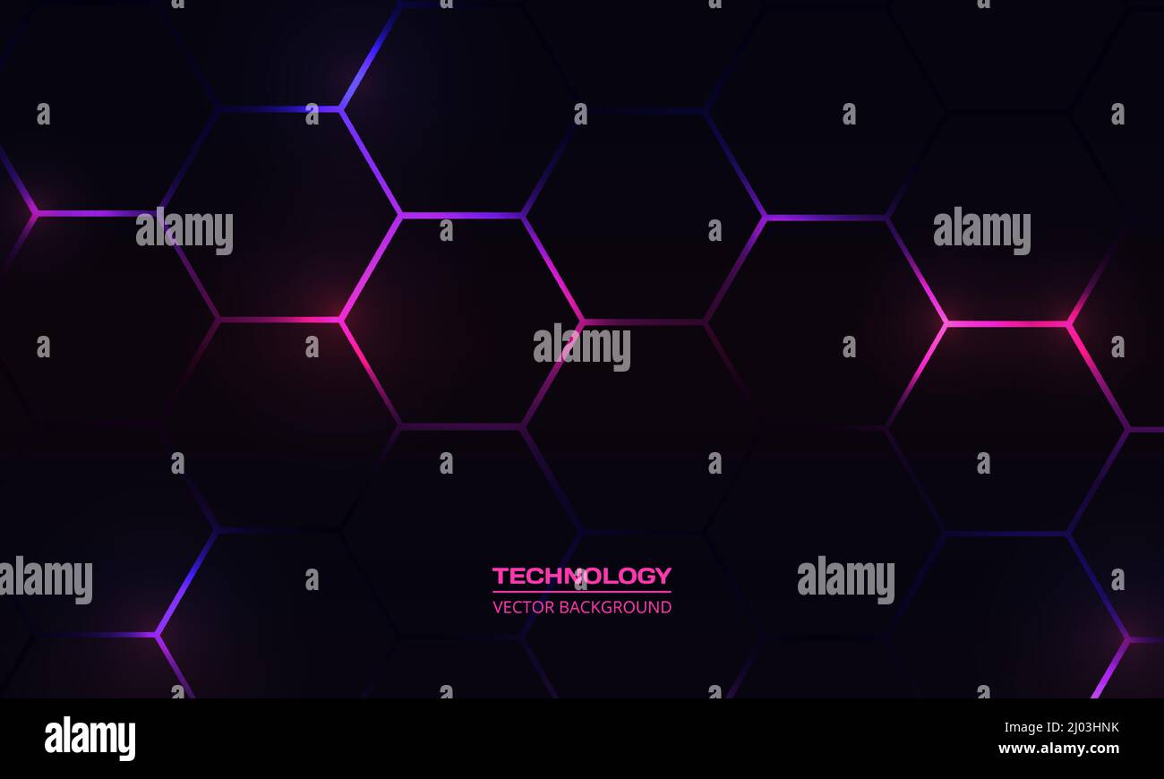 Dark hexagon abstract technology background with purple and pink ...