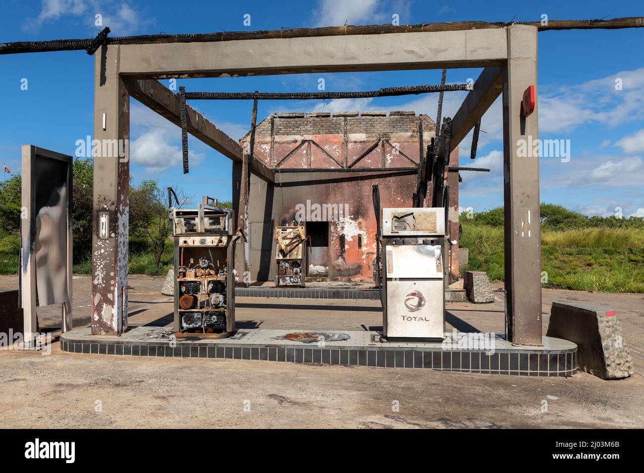 The burned remains of the Total Fuel station after a lightning strike. The fire occurred on 13 November 2021 Stock Photo