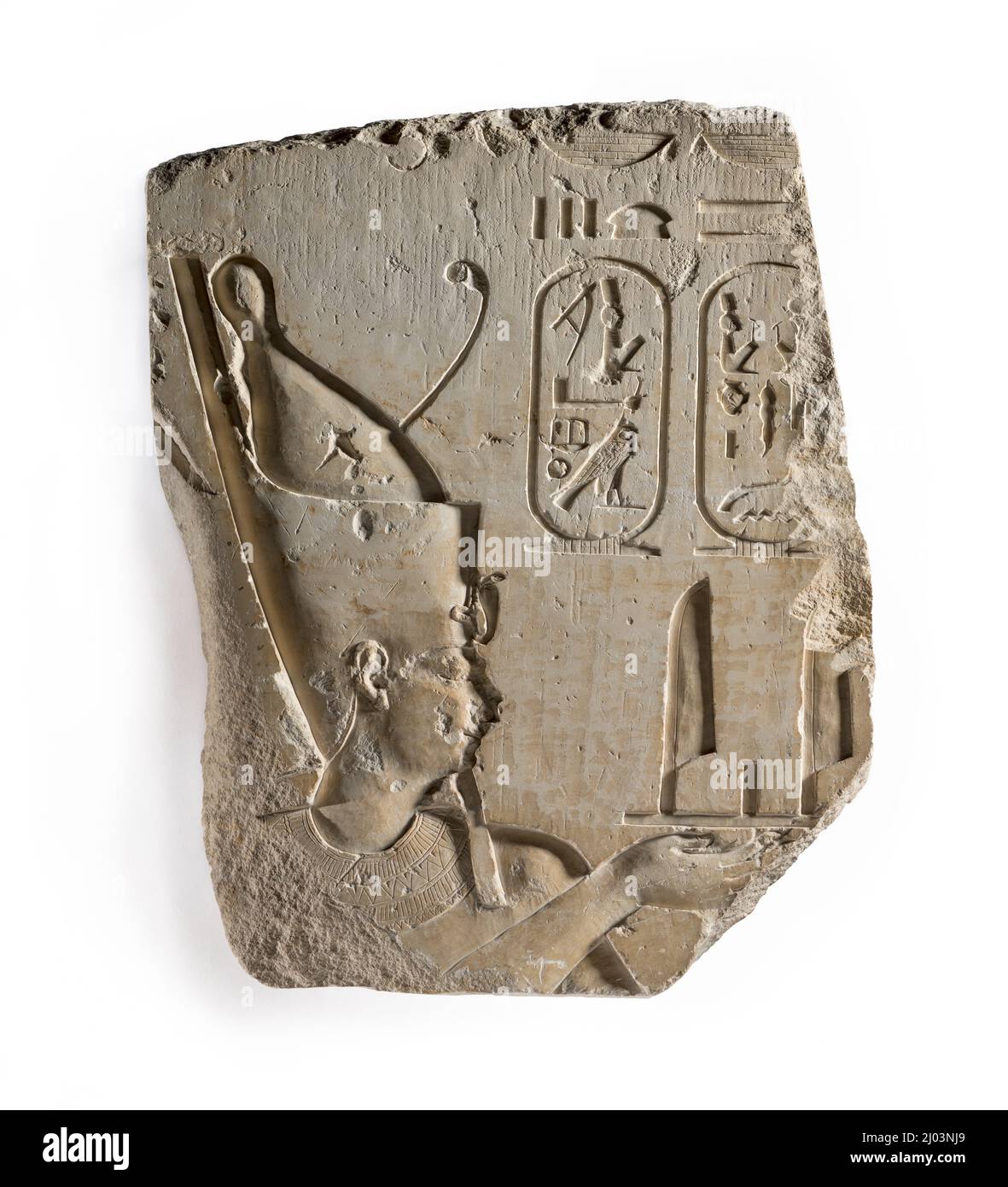 Relief with Portrait and Cartouches of Nectanebo II. Egypt, 30th Dynasty, reign of Nectanebo II, circa 360-343 B.C.. Sculpture. Limestone Stock Photo