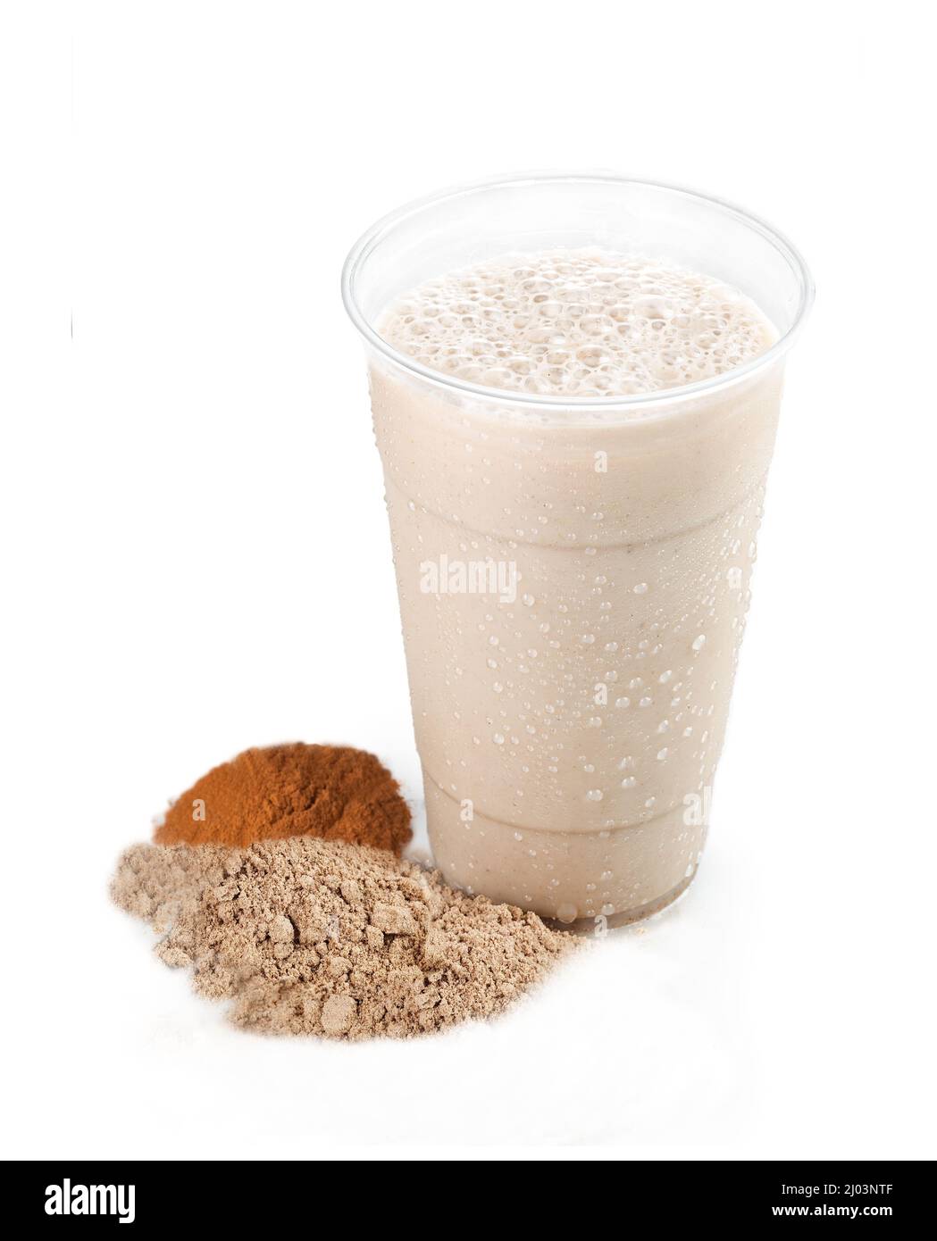 Fresh Peruvian horchata in a plastic glass with ingredients on a white background with copy space Stock Photo