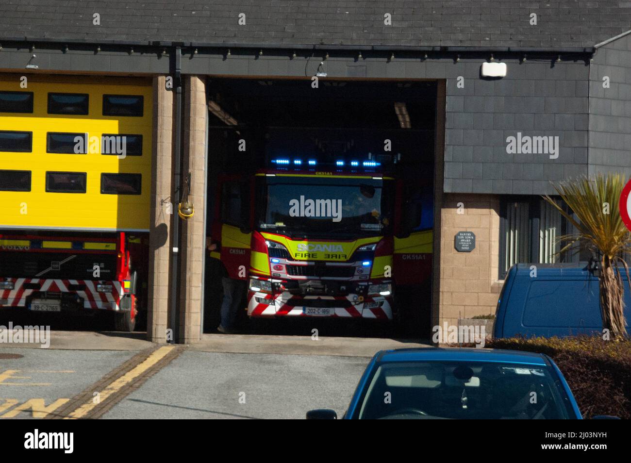 Bantry, West Cork, Ireland, Wednesday 16 Mar, 2022; County Cork's fire crews are struggling to gain full-time jobs. The crews, unlike full-time fire crews, respond to emergency calls when their pager goes off. Some employers are sceptical of leaving staff go to respond to these calls as it may lead to shortages in their businesses. Cork County Cllr Joe Carroll raised the issue after speaking to a West Cork firefighter. Bantry's part-time Fire Brigade respond from their station to an emergency today. Credit ED/Alamy Live News Stock Photo