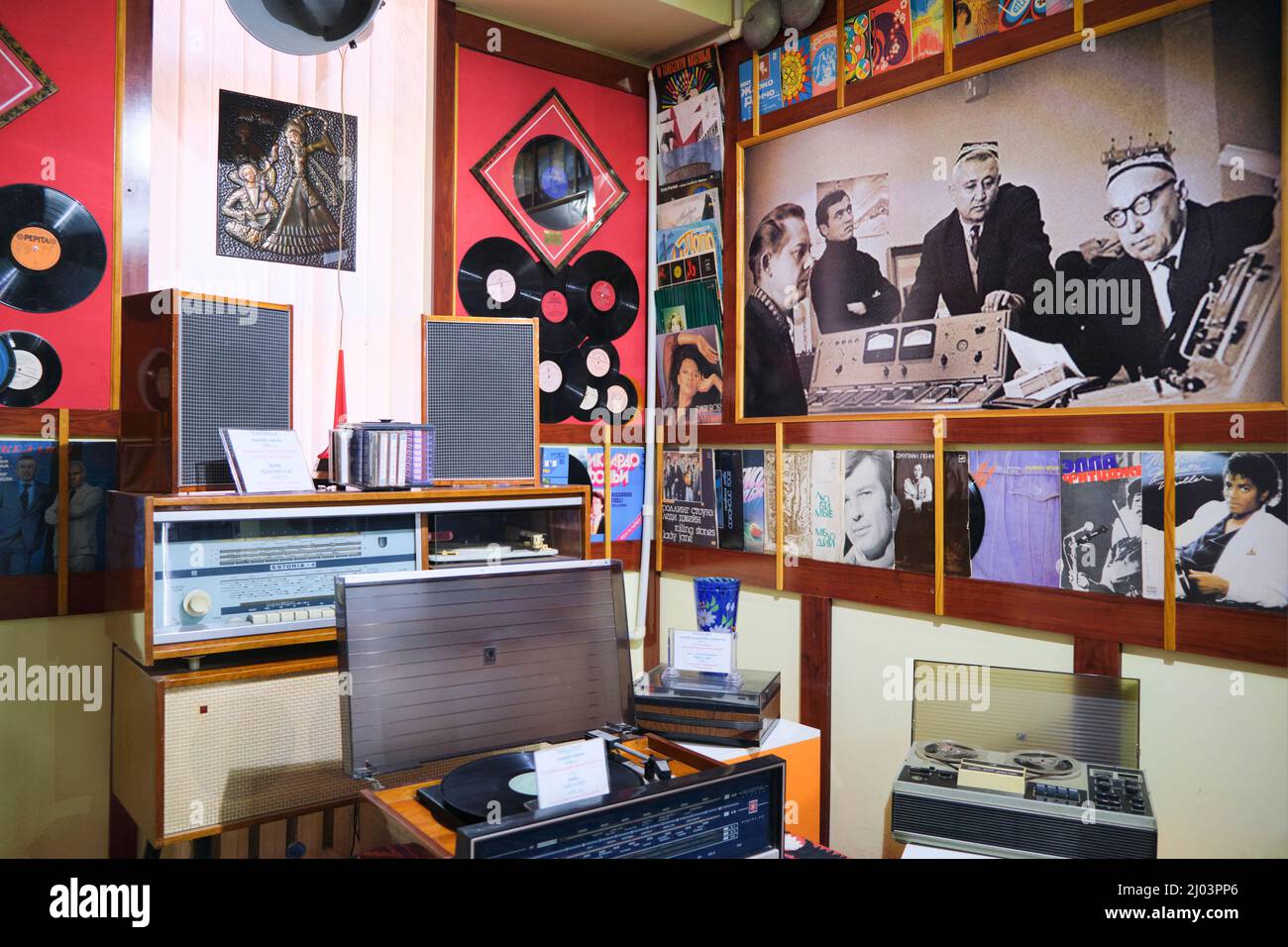 Display of Russian, Soviet, Communist era stereo equipment and records, including Michael Jackson's Thriller album. At the Museum of Communication in Stock Photo