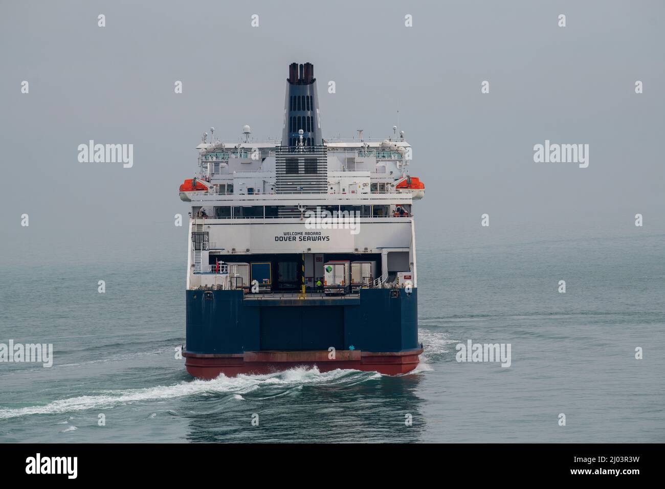 A DFDS ferry leaves the Port of Dover in Kent, England, United Kingdom