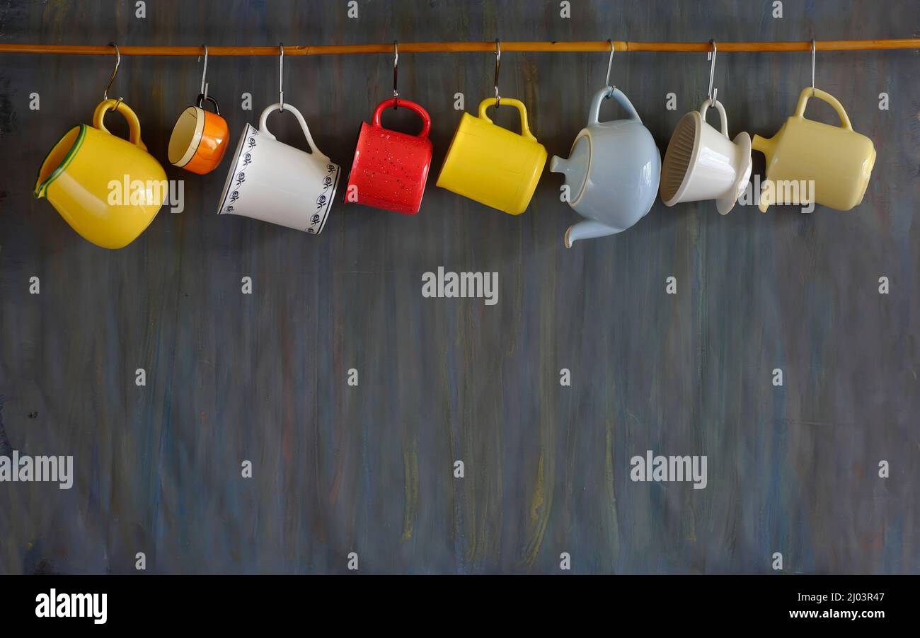 vintage coffee cups,coffee pots, coffee filter, free copy space Stock Photo