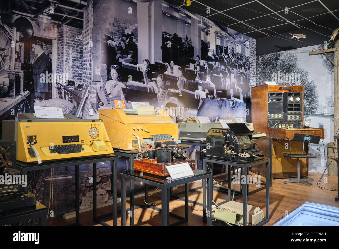 A collection of old Russian, Soviet, communist telex machines and telephone equipment. At the Museum of Communication in Tashkent, Uzbekistan. Stock Photo