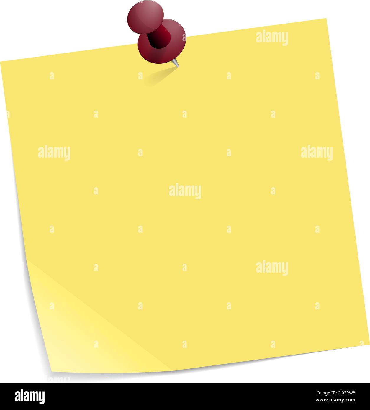 yellow adhesive note with red push pin isolated on white background, vector illustration Stock Vector