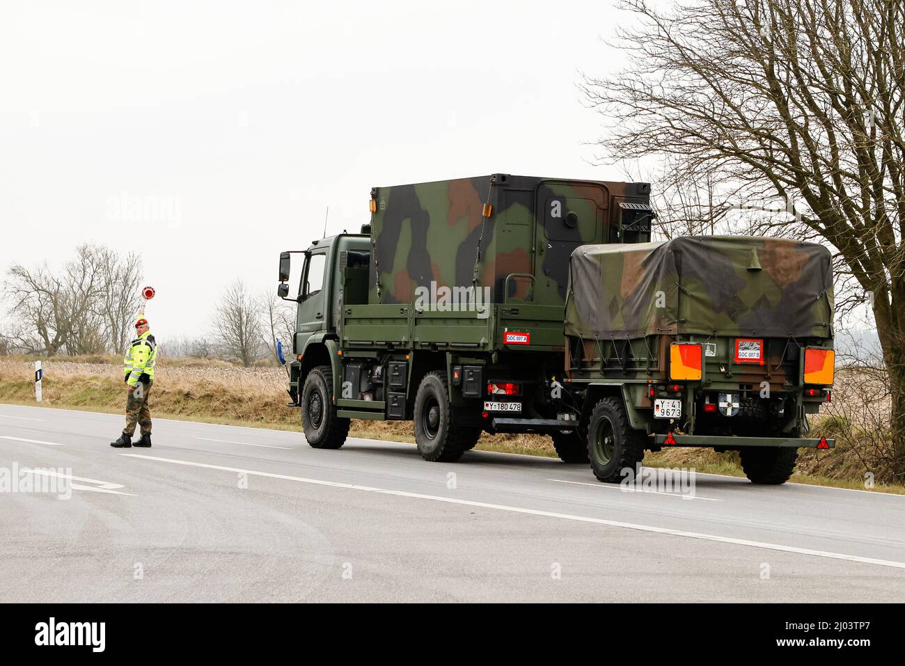 Husum, Germany. 16th Mar, 2022. A convoy for the transport of the Patriot  air defense missile system leaves the Bundeswehr site of Air Defense  Missile Group 26 in Husum. From here, the