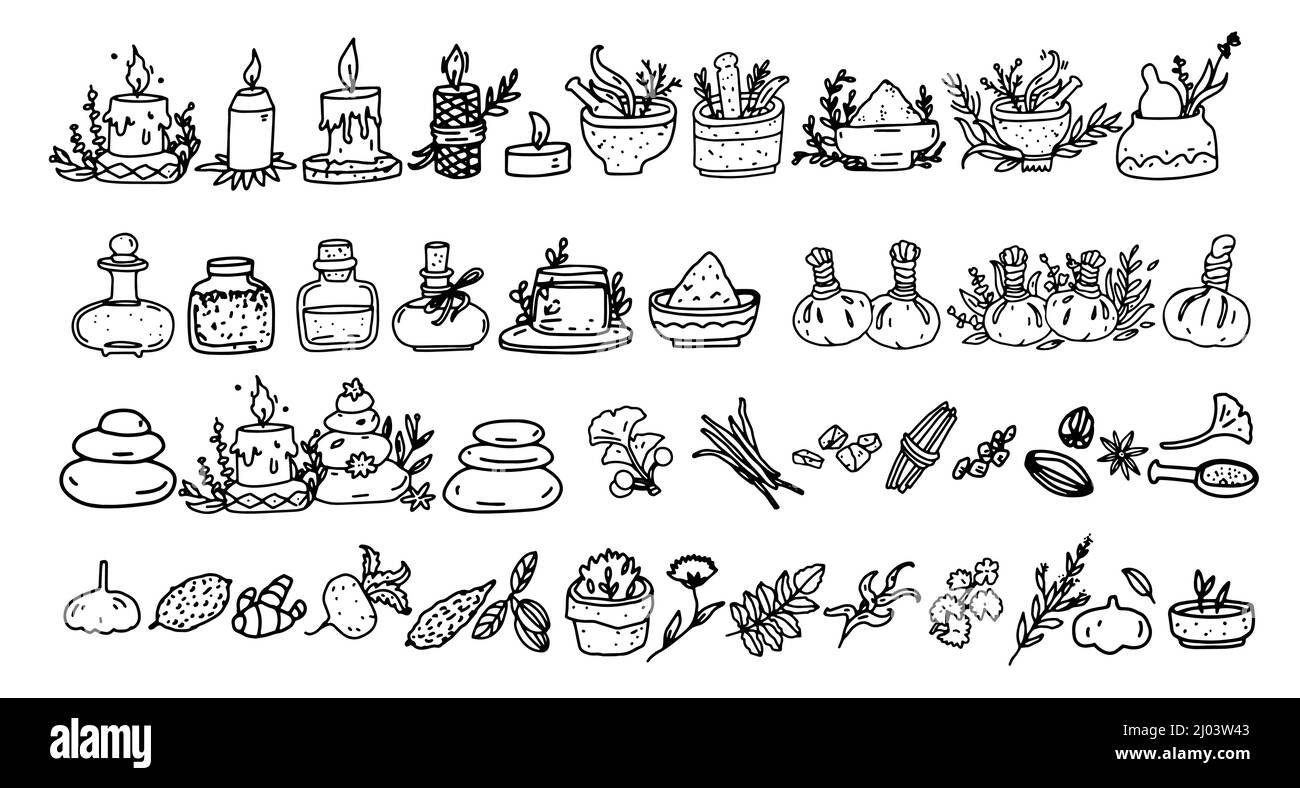 Ayurveda doodle icons set, Ayurvedic Folk Medicine Items, bottles, herbal, massage bag, mortar and pestle, candle, spa hot stones massage. Vector illu Stock Vector