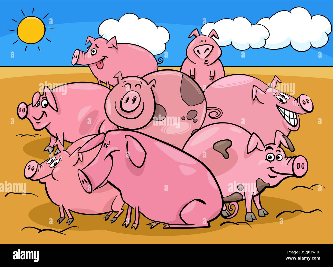 Cartoon illustration of pigs farm animal characters group in the
