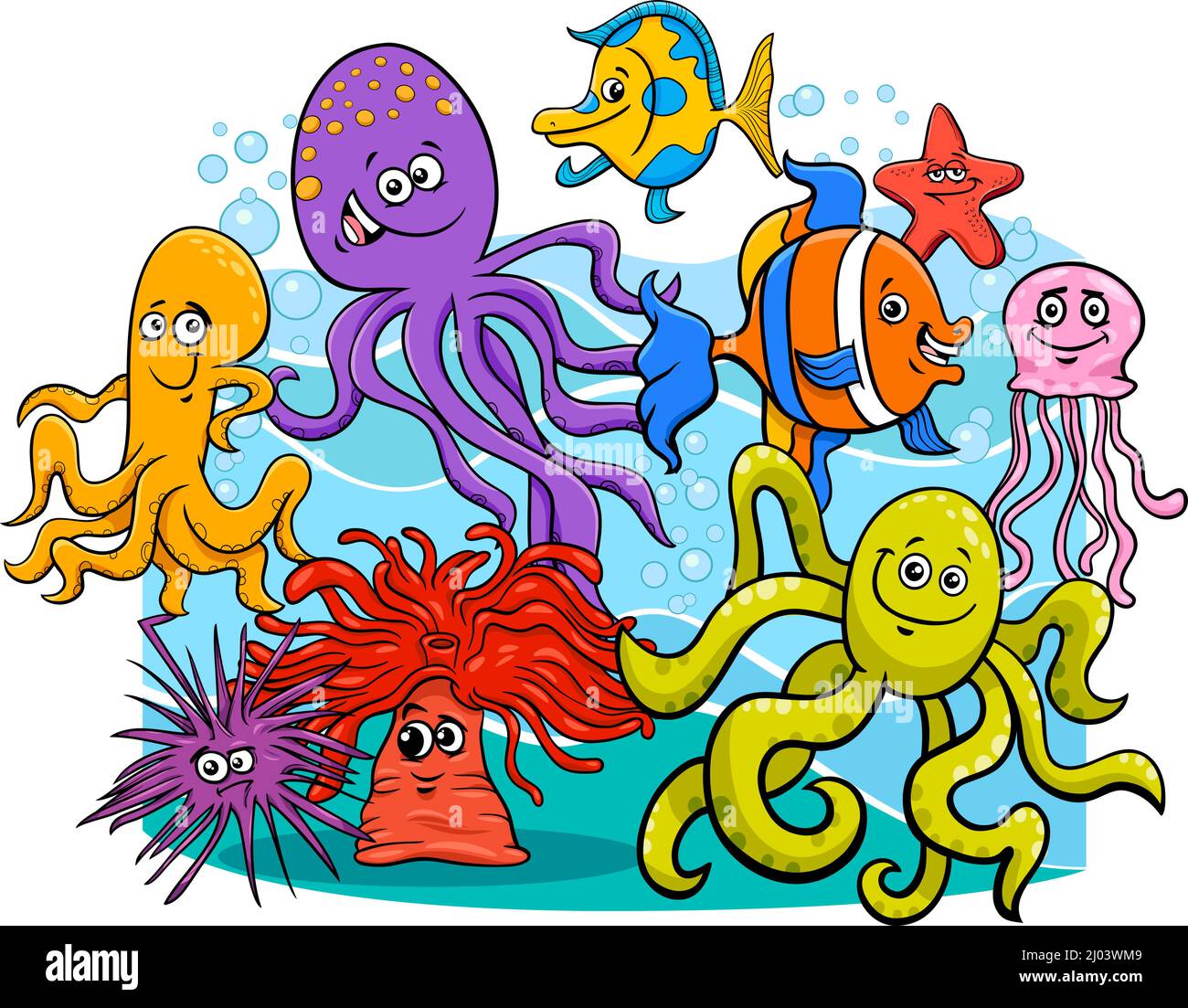 Cartoon illustrations of funny sea life marine animal characters group