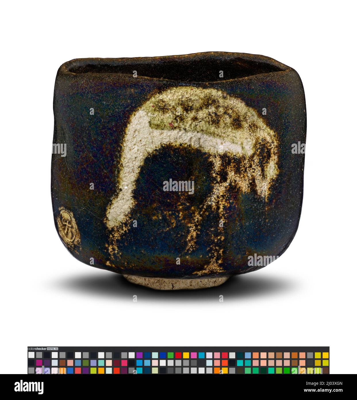 Black Raku Teabowl with Crane Design, named 'Aged Pine'. Ryōnyū (Raku ...