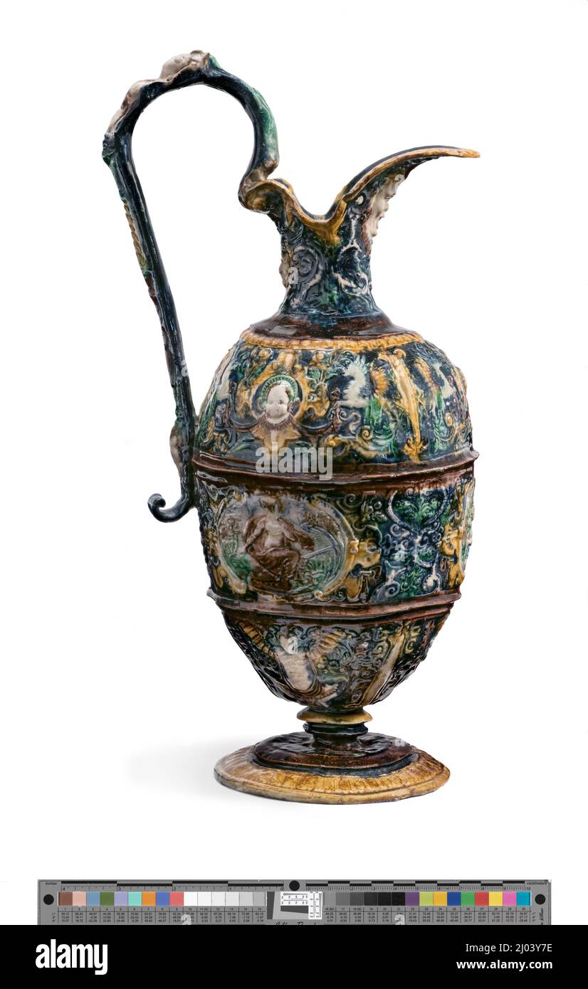 Ewer with Grotesque Decoration and Figures of Faith, Hope and Charity. François Briot (after) (France, circa 1550-1612). France, circa 1600-1610. Furnishings; Serviceware. Lead-glazed earthenware, Palissy ware Stock Photo