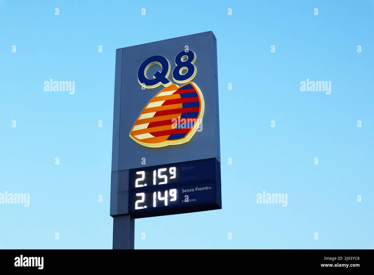 Italy March 16, 2022 Q8 Gas Station sign with price of fuel per
