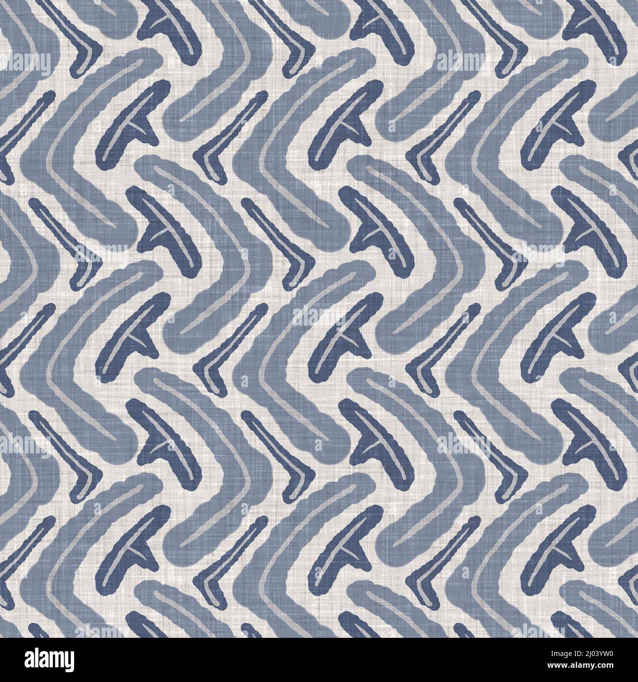 French blue doodle motif linen seamless pattern. Tonal country cottage ...