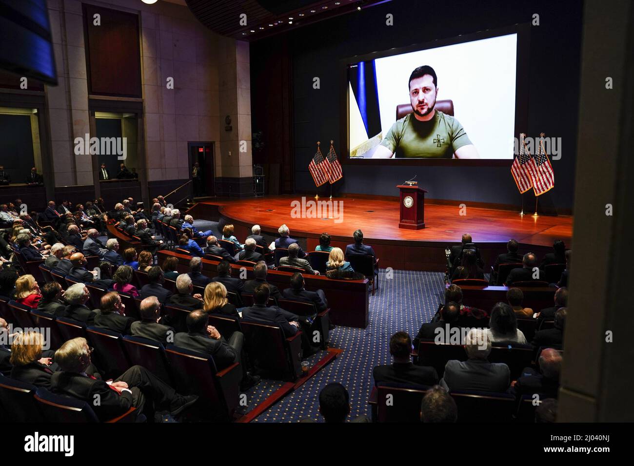 Washington, United States. 16th Mar, 2022. Ukraine's President Volodymyr Zelenskiy delivers a video address to senators and members of the House of Representatives gathered in the Capitol Visitor Center Congressional Auditorium at the U.S. Capitol in Washington, DC on March 16, 2022. Pool photo by Sarah Silbiger/UPI Credit: UPI/Alamy Live News Stock Photo