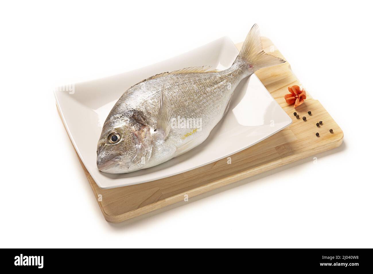 High angle shot of a fresh fish in a plate isolated on a white background Stock Photo