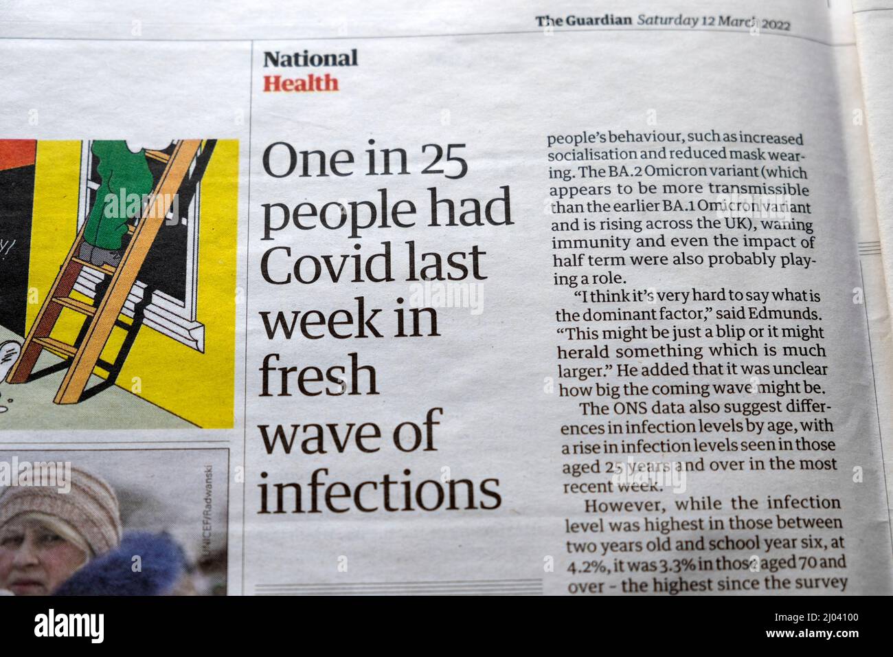 'One in 25 people had Covid last week in fresh wave of infections' Guardian newspaper headline covid 19 article clipping 12 March 2022 London UK Stock Photo