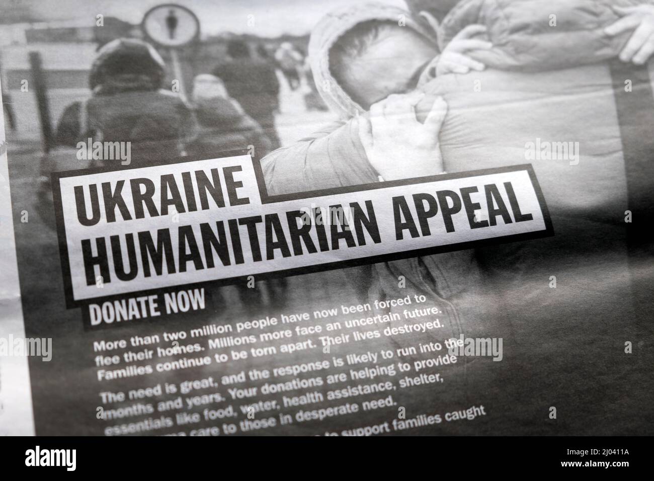 Ukraine Humanitarian Appeal newspaper advert advertisement for donations to help people refugees fleeing Russian invasion March 2022 London England UK Stock Photo