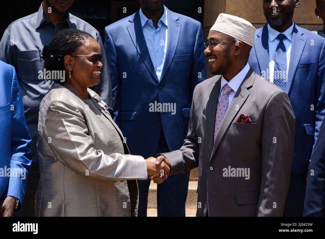 Nairobi, Kenya. 16th Mar, 2022. Chief justice Martha Koome (L) congratulates Marjan Hussein Marjan (R) after being sworn in as the new Independent Electoral and Boundaries Commission (IEBC) CEO at the Supreme Court five months before the August general elections. Credit: SOPA Images Limited/Alamy Live News Stock Photo