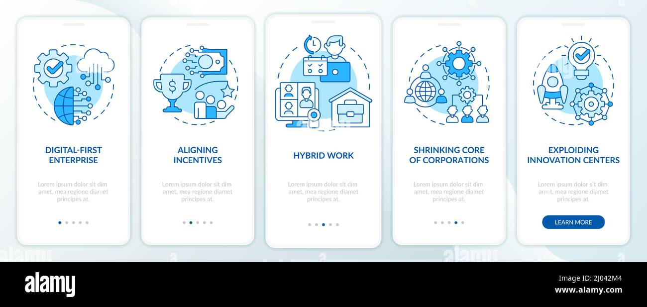 Trends in enterprise blue onboarding mobile app screen Stock Vector