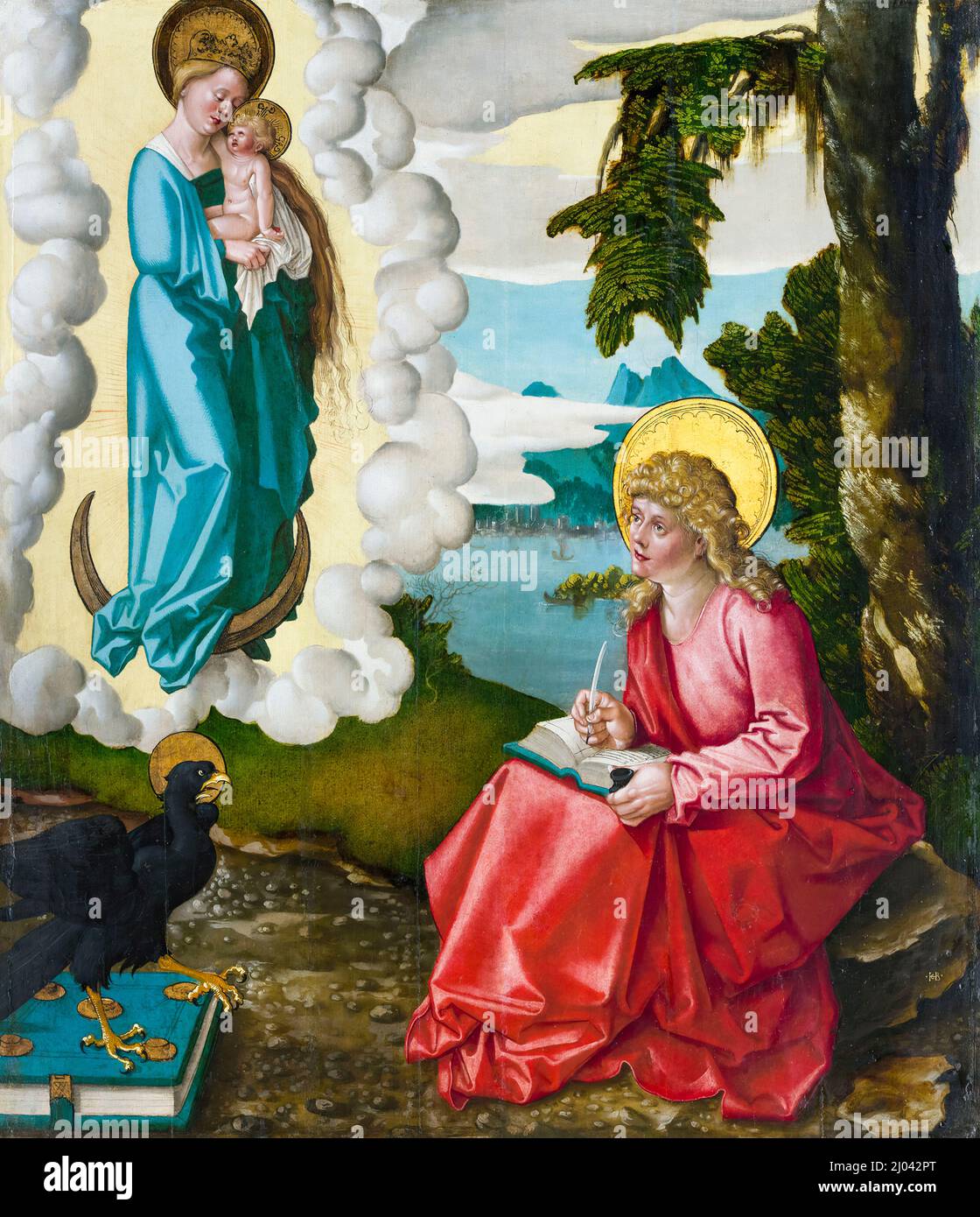 Saint John on Patmos, Oil, gold, and white metal on spruce, early 16th Century painting by Hans Baldung Grien, circa 1511 Stock Photo