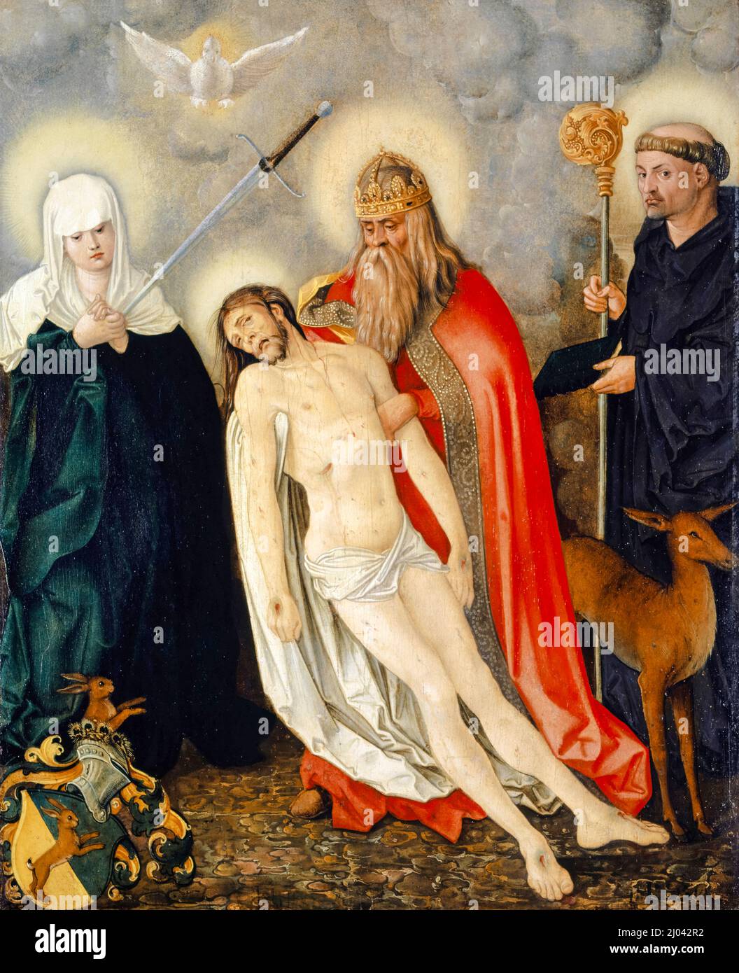 The Holy Trinity between the Lady of Sorrows and Saint Giles, oil on wood painting by Hans Baldung Grien, 1513-1516 Stock Photo