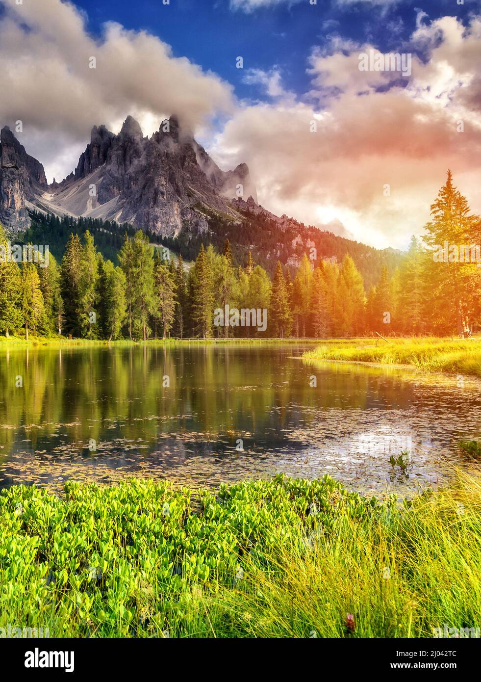 Great view of the foggy Lago Di Antorno in National Park Tre Cime di ...