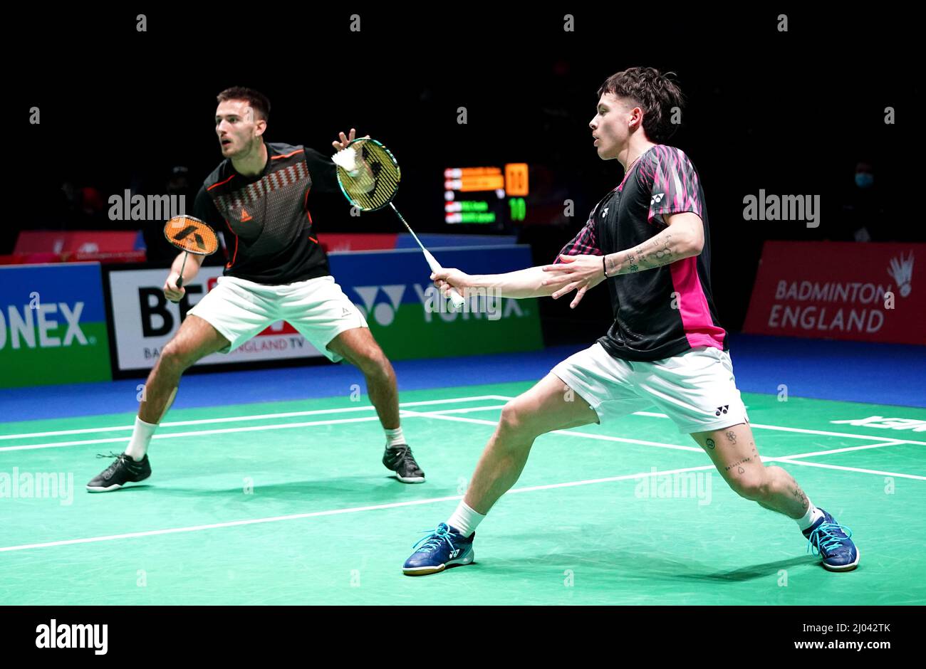 Englands Callum Hemming (right) and Steven Stallwood in action against Malaysias Teo Ee Yi and Ong Yew Sin during day one of the YONEX All England Open Badminton Championships at the Utilita