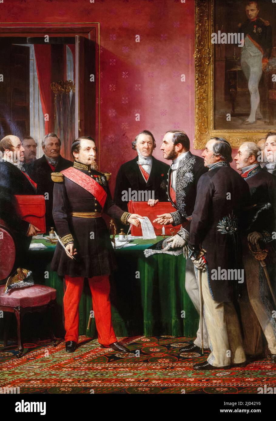 Emperor Napoleon III handing over to Baron Haussmann the decree to annex the neighboring communes (of Paris) on February 16th 1859, oil on canvas painting by Adolphe Yvon, 1865 Stock Photo