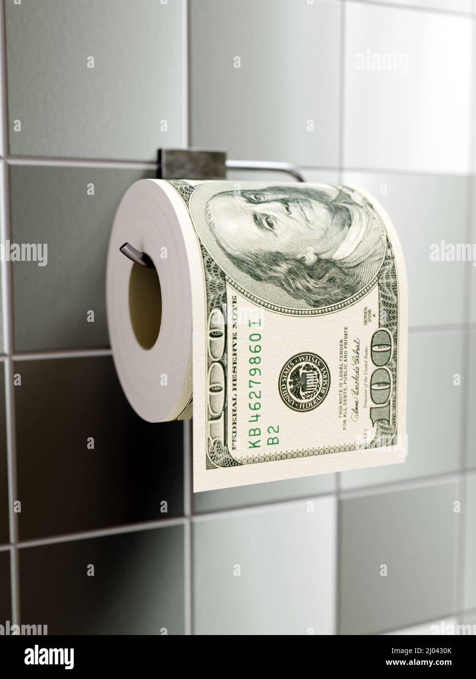 3D rendering of toilet paper roll with imprinted 100 US dollars on wall dispenser Stock Photo